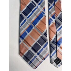 Bruno Marchesi tie Silk Necktie Plaid Pattern Hand Made Blue Orange Auburn 58"‎